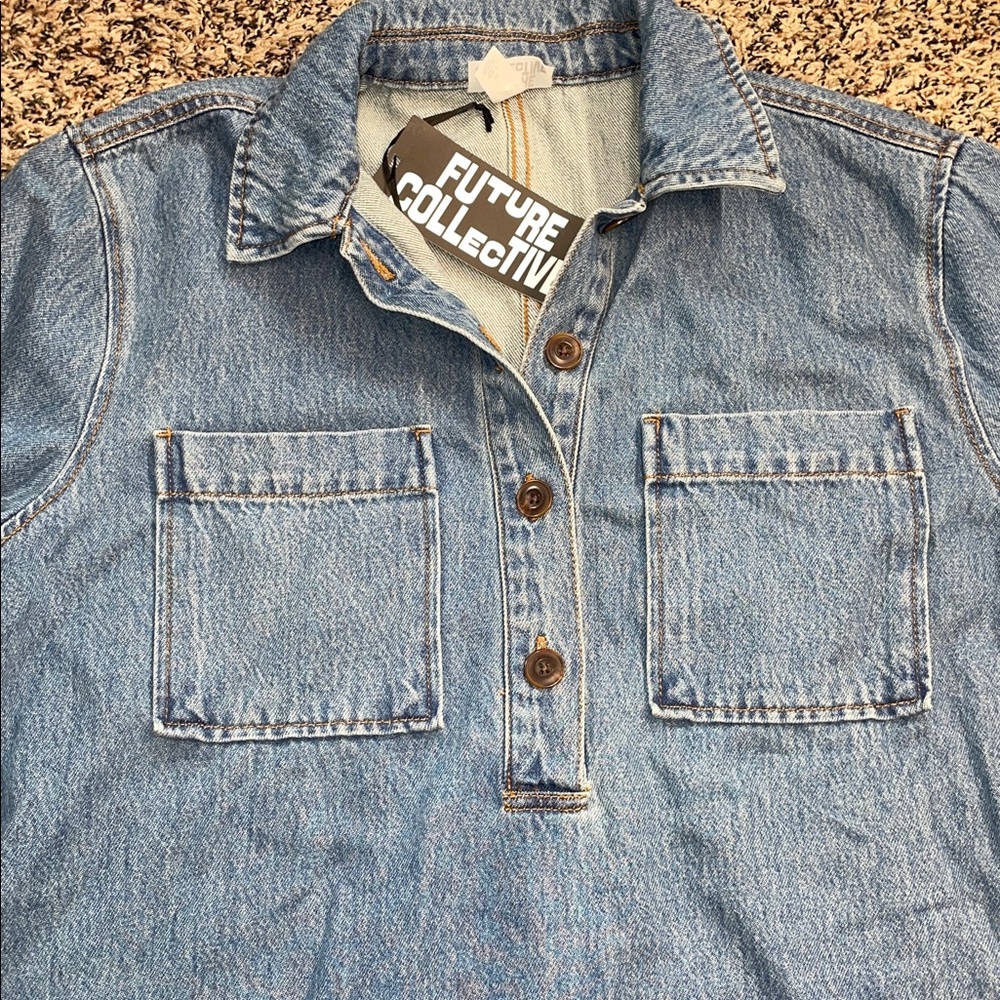 Future Collective Women's Soft Blue Denim Mini Shirtdress Size Medium | NWT - Picture 5 of 7